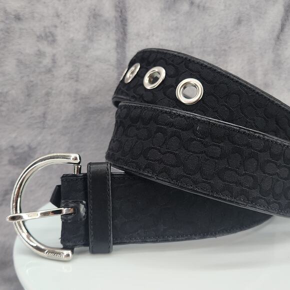 Coach black belt Medium M6 3977 Canvas Jacquard CC Logo & solid brass silver - Picture 1 of 11
